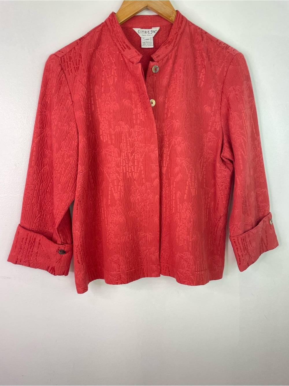 Citron Coral-Red Textured Mandarin Collar Button-Front Jacket Bamboo Silk Cotton